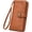 Brown, variant on Wallets for Women, PU Leather Credit Card Holder Wallet with Wrist Strap, Large Capacity Long Wallet with 12 Card Slots, ID Window, Zipper Pocket and Snap Closure,Orange