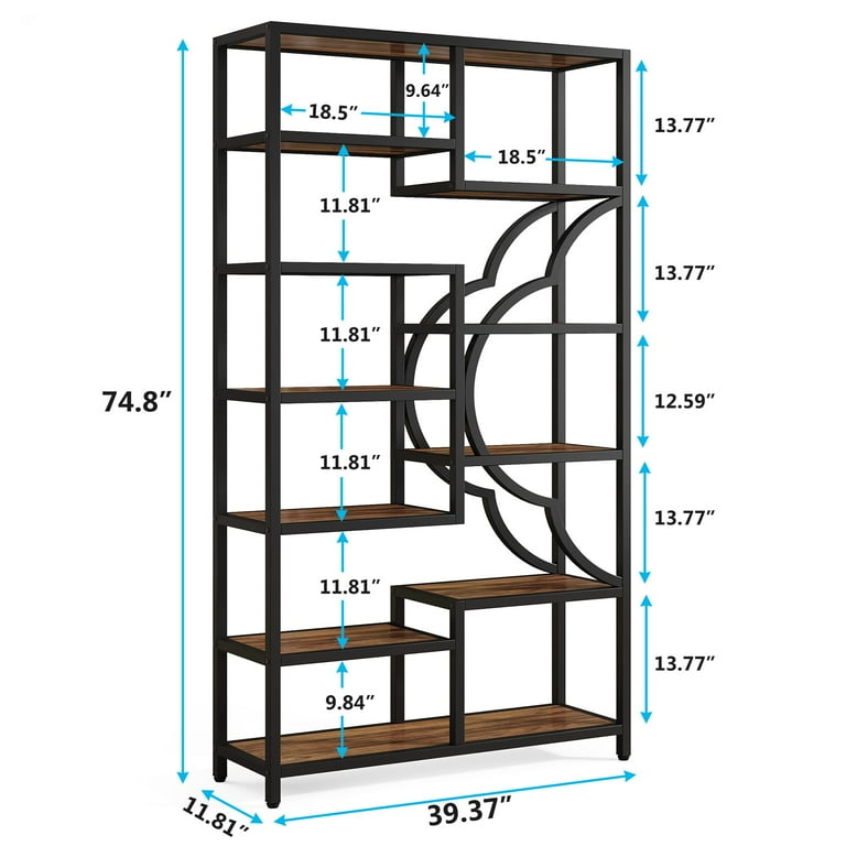 Tribesigns 75” Tall Bookshelf, 11-Shelves Staggered Bookcase with Unique  Arc-Shaped Design, Industrial Etagere Shelving Unit Storage Display Shelves