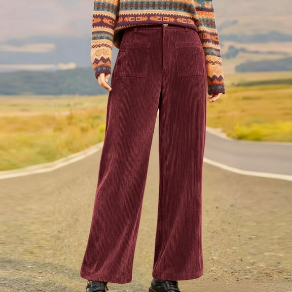 Chbgutlmr Corduroy Pants for Women Wide Leg High Rise Button Waist Trousers Casual Loose Comfy Fall Pants with Pockets