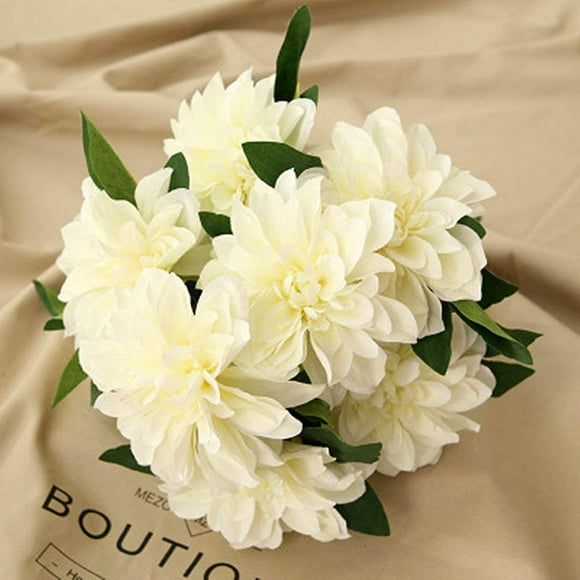 Hoyuanflo 10 Heads Dahlia Fake Flowers Artificial Dahlia Flowers Faux Flowers For Home Wedding Party Office Supplies (White)