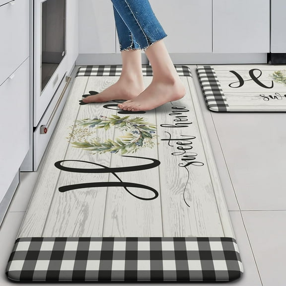 Buffalo Plaid Kitchen Mat pvc Set of 2 Farmhouse Black and White Kitchen Rugs Non Slip Green Wreath Leaves Floral Waterproof Comfort Mat for Kitchen Sink Floor Laundry Office