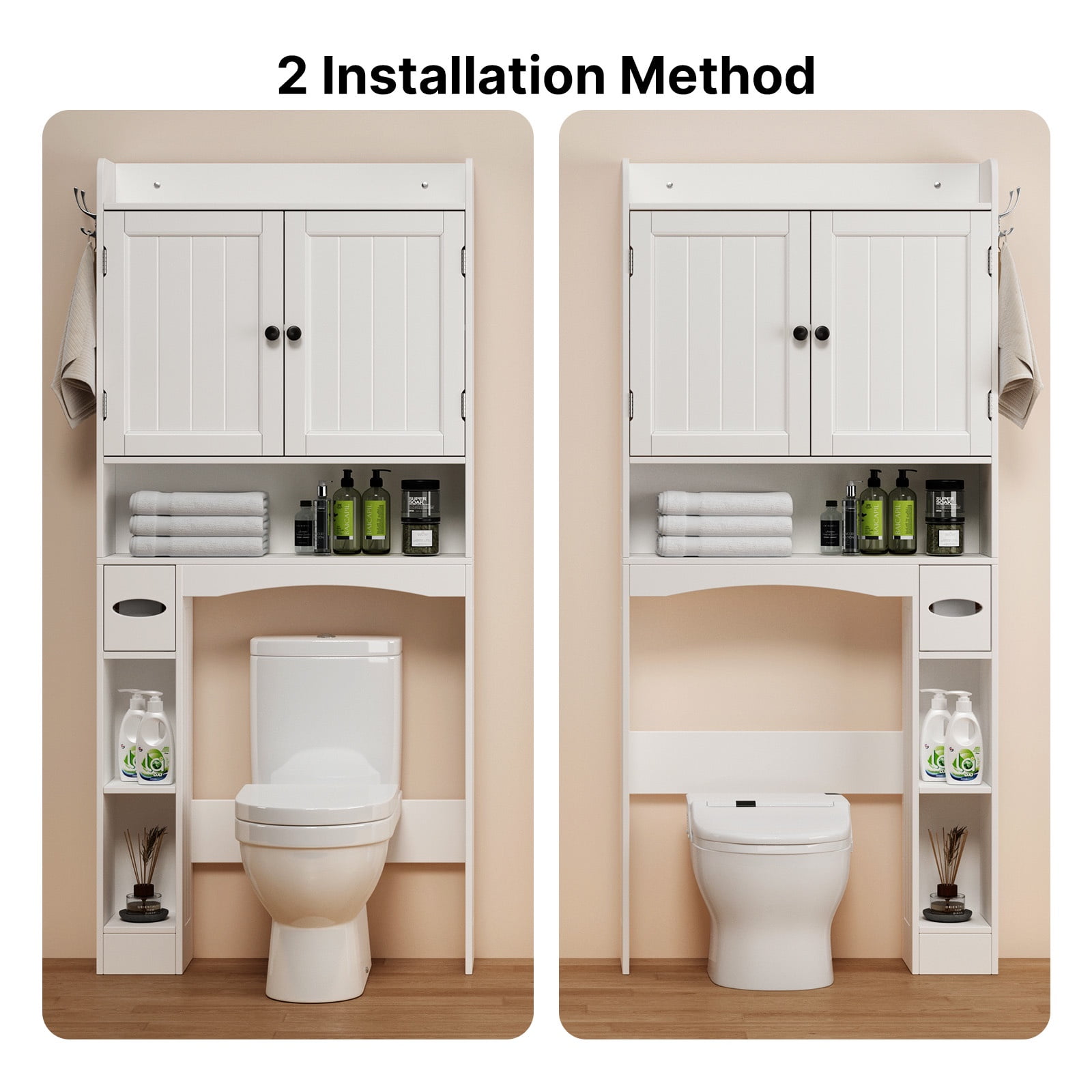 70.3"Over The Toilet Storage Cabinet, Bathroom Cabinet with Adjustable Shelves & Toilet Paper Holder, Anti-Tip, White