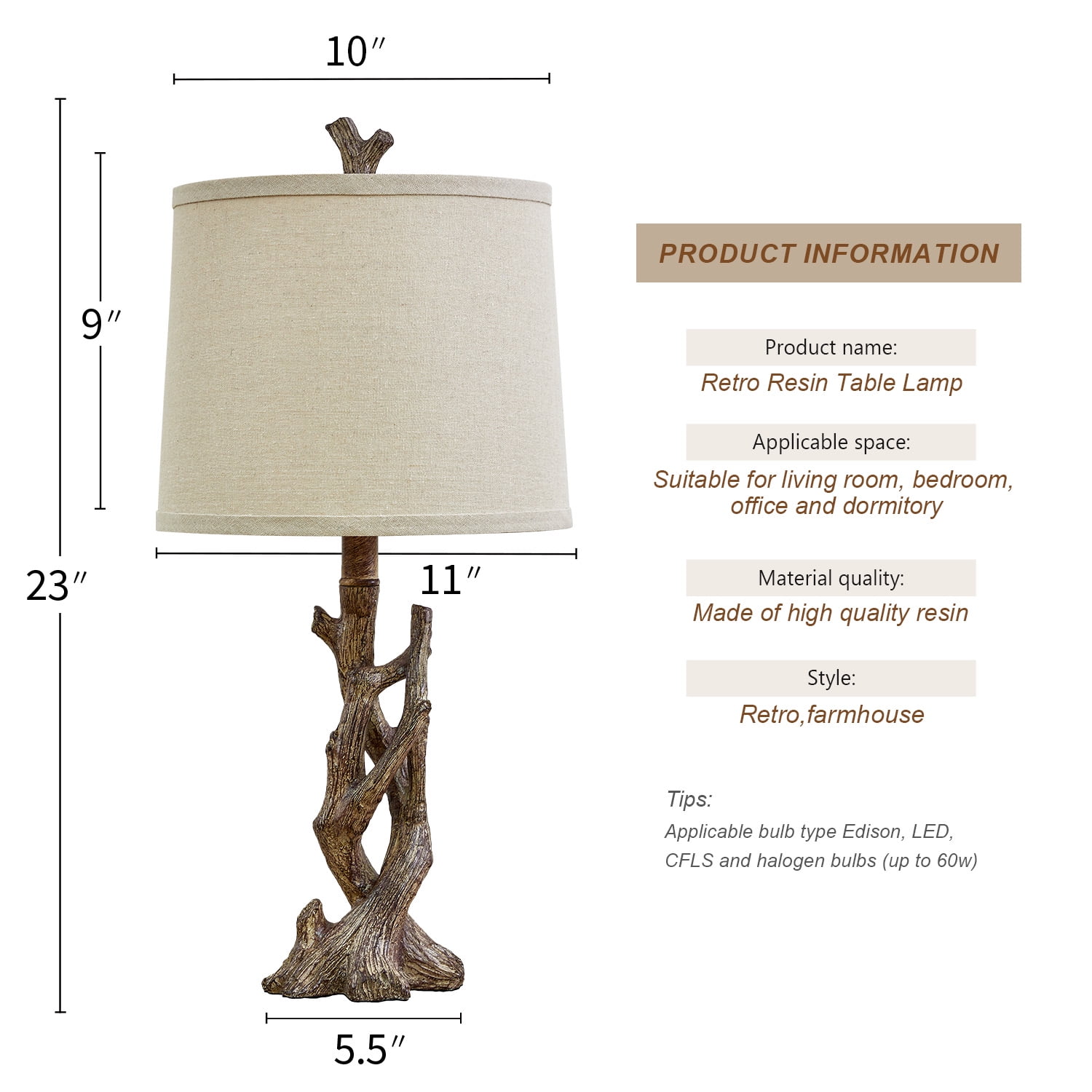 Yokila 23" Wood Grain Rustic Table Lamp Set of 2 for Living Room Bedroom Farmhouse Tree Trunk Bedside Nightstand Lamps with Lamp Shade