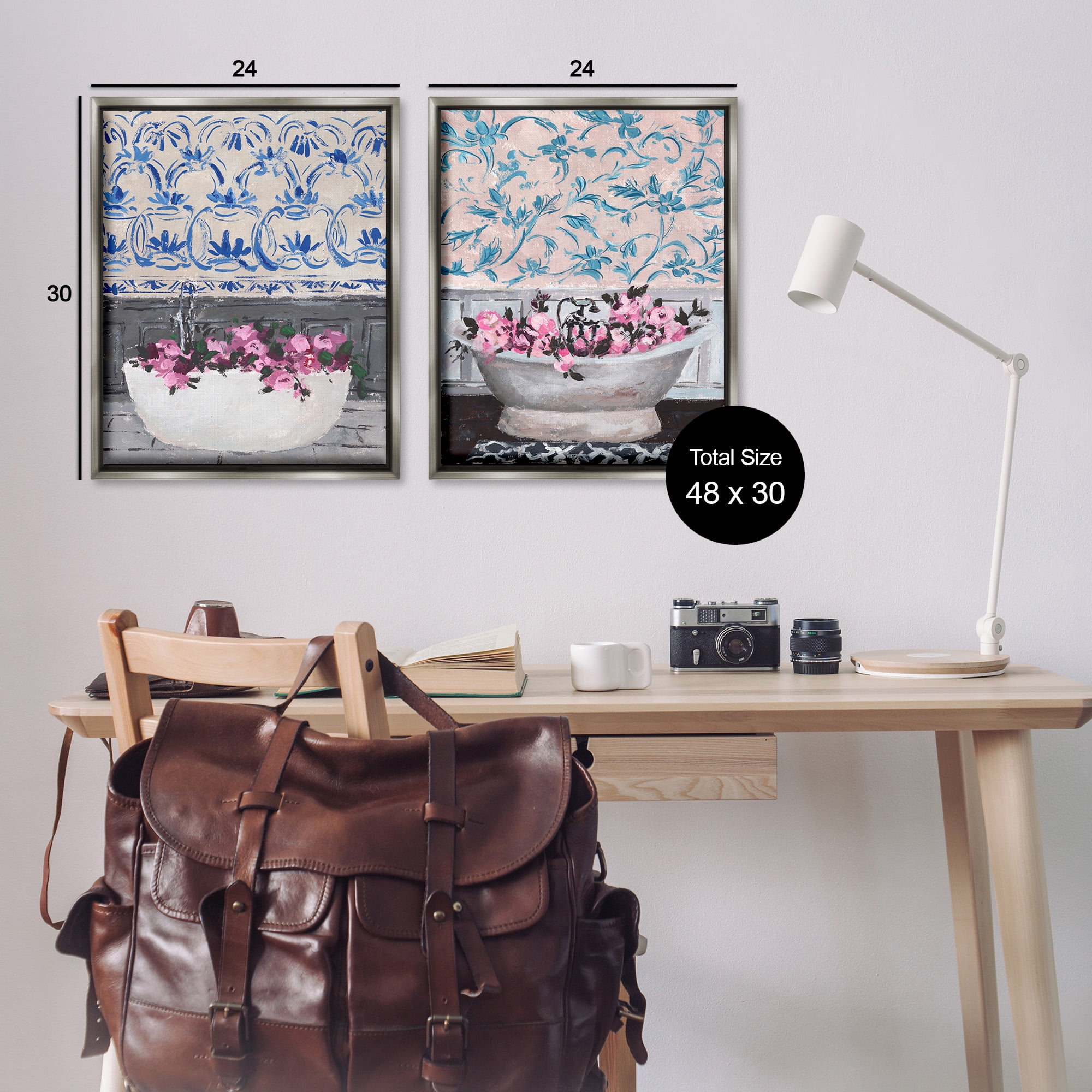Stupell Industries Flowers In Bath Tub Interior Design Botanical & Floral Painting Gray Floater Framed Canvas Art Print Wall Art, 25 x 31, Set of 2