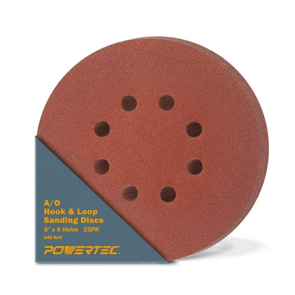 POWERTEC 25PK 6 Inch 240 Grit Sanding Disc | 8 Hole Hook and Loop Backing Pad | Aluminum Oxide Round Sandpaper Disc for Random Orbit Sander (45124)