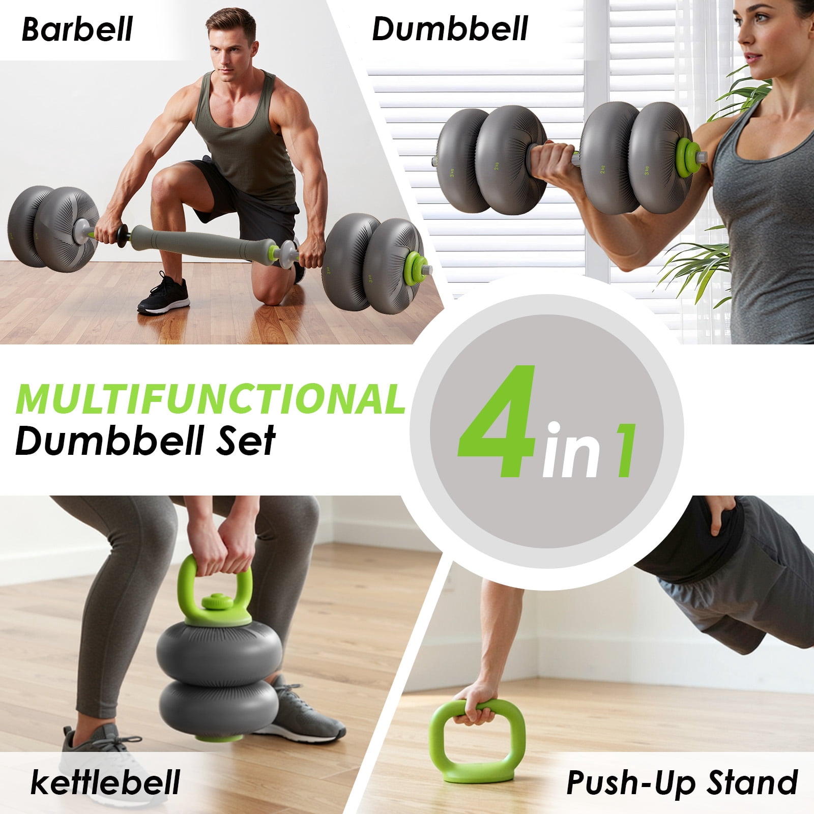 LIFERUN Adjustable Dumbbell Set, Soft PVC, 45lbs/67lbs Free Weight Set. 4-in-1: Barbell, Dumbbells, Kettlebell, Weight Plates, Green.