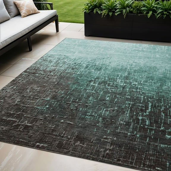 5' X 8' Teal Blue And Dark Gray Ombre Washable Indoor Outdoor Area Rug