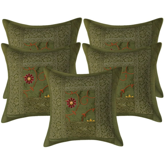 Stylo Culture Ethnic Couch Throw Pillow Covers Embroidered 16 x 16 Brocade Patchwork Olive Green Traditional 40x40 cm Bedroom Polydupion Floral Square Cushion Covers | Set Of 5