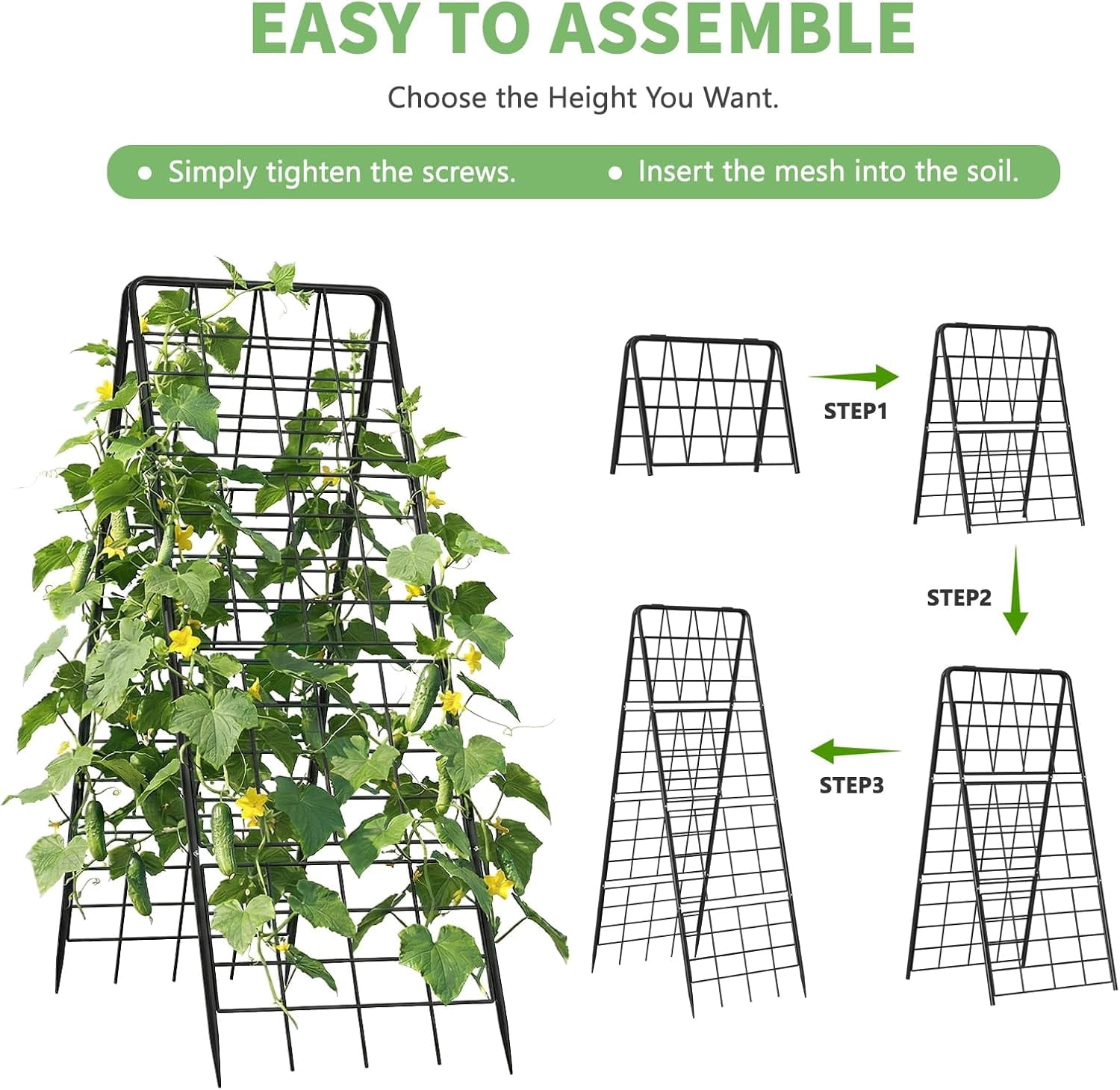 Cucumber Trellis, 59" H 2 Pack Metal Foldable Thickened A Frame Garden Trellis for Raised Bed Climbing Plants, Vegetables, Including Plant Support Clips, Twist Ties, Plastic Ties, Black