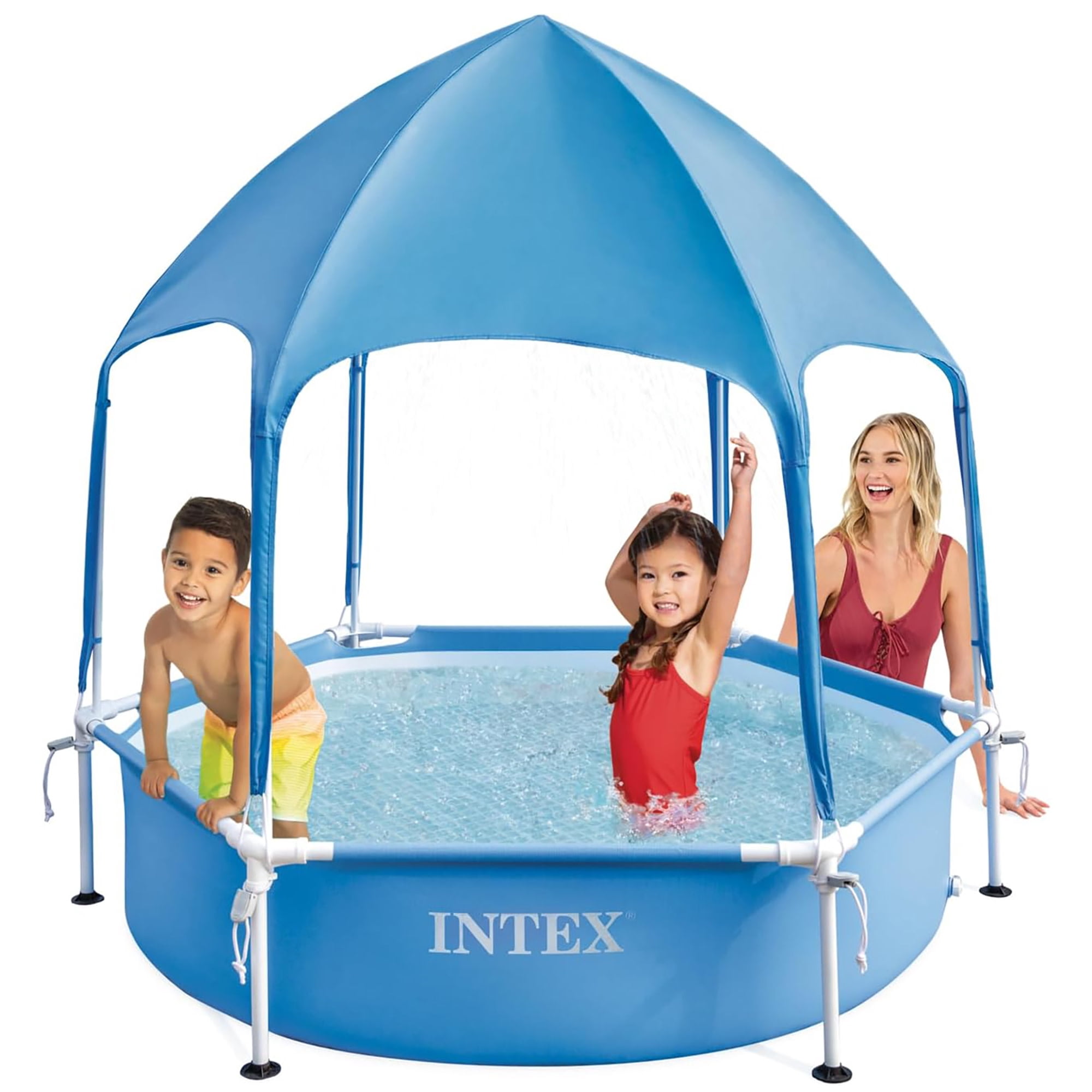 Intex: Canopy Metal Frame Splash Pool - 6' x 15" - UPF 50+ Sunshade Cover, Built-In Water Sprayer, Puncture-Resistant, Wade Kiddie Pool, Kids 3+
