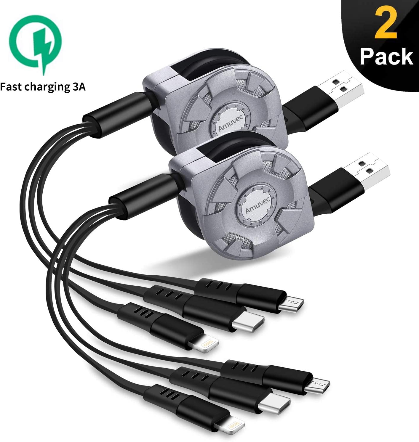 Lot De 3 Câbles USB Tressés De Recharge Rapide 3A - Type C, Micro-USB Et Lightning (Apple) - Longueurs Variables