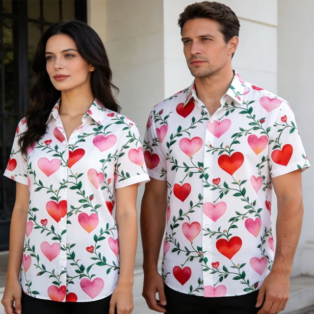 Ceisia Fashion Unisex Men Women Casual Short Sleeve Gift Printed Turndown Collar Button Shirt