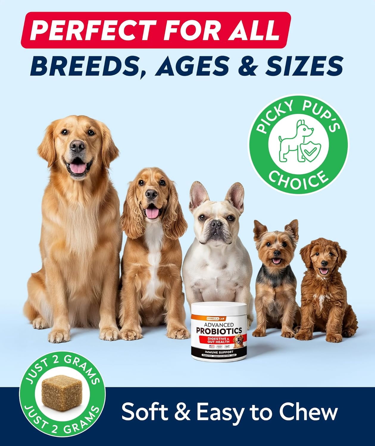 StrellaLab Probiotic Chews for Dogs - 1B CFU, Digestive Enzymes & Prebiotics - Allergy, Diarrhea & Gas Relief - Pumpkin Formula