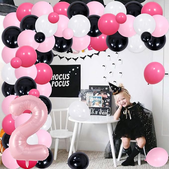 78Pcs Bad Two the Bone 2nd Birthday Party Decorations for Girls Pink Balloon Garland Arch Kit with Skull Bone Backdrop, Rock N Roll Music Theme 90s Second Birthday Party Decor