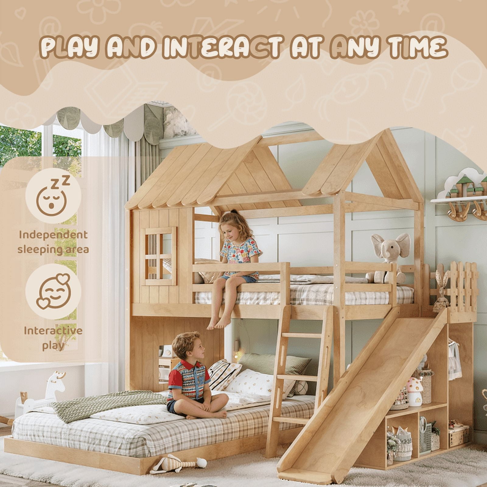 Twin Over Full House Bunk Bed with Slide and Ladder, Kids House Floor Bunk Bed with Storage Shelves and Wardrobe, Playhouse Design, Solid Wood Frame, No Box Spring Needed