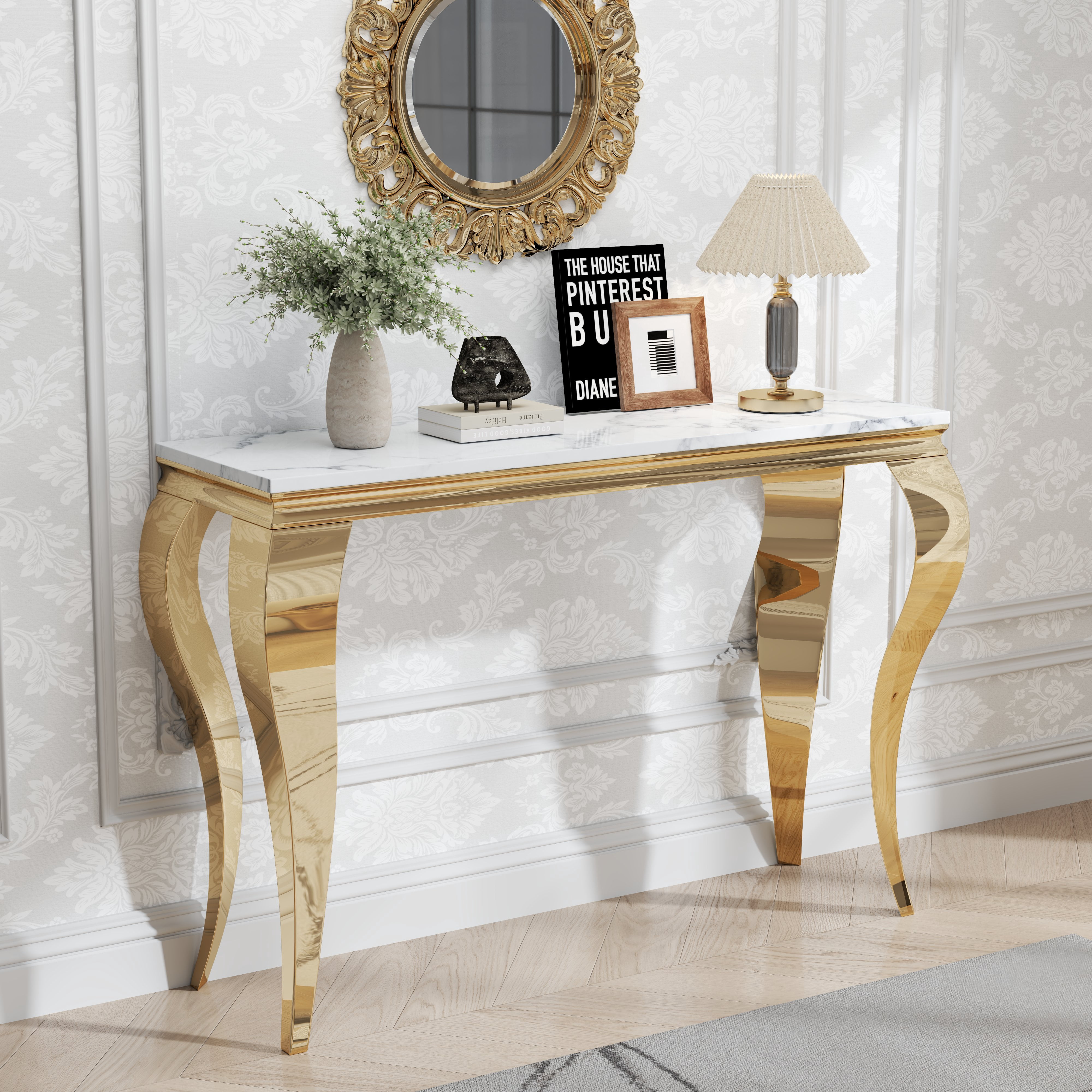 47" Modern Faux Marble Console Table, Rectangular Top & S-Shaped Stainless Steel Base, Narrow Entryway Table for Entrance, Hallway, Foyer, or Living Room