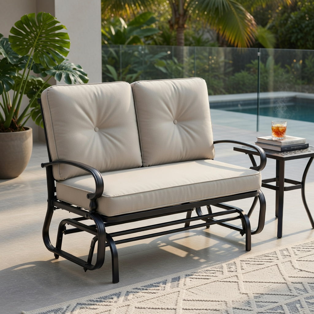 Hommoo 2-Person Outdoor Swing Glider Bench with Plush Olefin Cushions, Rust-Resistant Steel Frame Patio Loveseat for Backyard, Porch & Garden, Beige