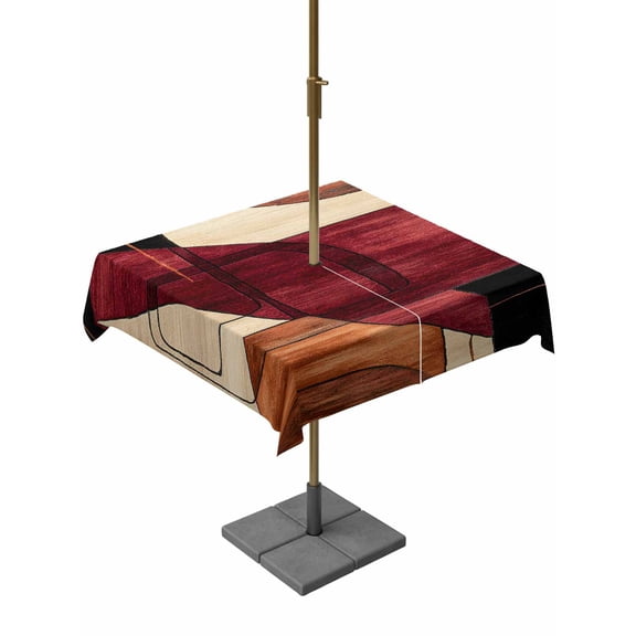 Square Outdoor Tablecloth with Umbrella Hole Red Burnt Orange Outside Table Cloth Waterproof Patio Table Cover Geometric Boho Modern Abstract Zipper Tablecloths for Picnic Party Camping 60x60 Inch