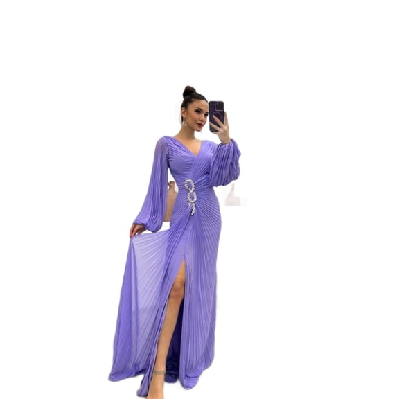 EASYBRAUS Women Long Sleeve V Neck Evening Dress Elegant Chiffon Split Formal Party Gown