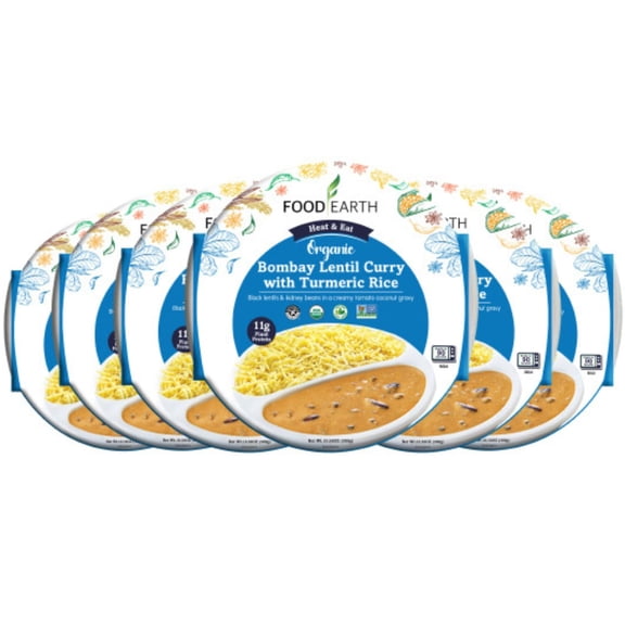 Food Earth - Organic Five Lentil Curry with Turmeric Rice Ready to Eat Indian Meal , 100% Organic, Vegan, Gluten-Free, Heat & Serve,10.58 oz, 6 units Shelf Stable