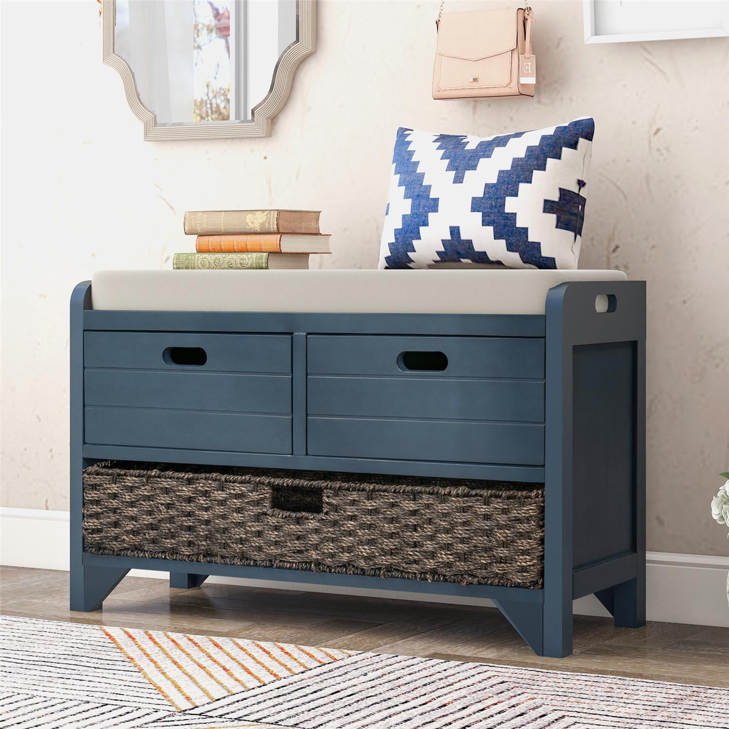 Narrow Storage Bench, Solid Wood Entryway Bench with Removable Basket