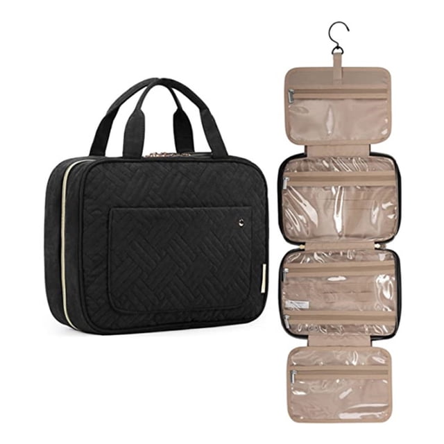 bolso de viaje con gancho, bolso cosmético impermeable del almacenamiento del viaje negro Apalfuy — neceser rectangular acolchado con asas y cierre con cremallera; interior desplegable en cuatro paneles con lados transparentes, bolsillos con cremallera, compartimento doble y bolsillo elástico para mantener botellas en posición vertical; gancho metálico plegable giratorio en la parte superior.