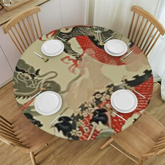 BANET Vintage Asian Japan Dragon Round Tablecloth Washable Table Cloths Cover for Parties Dining Room Kitchen Holiday 31"-35