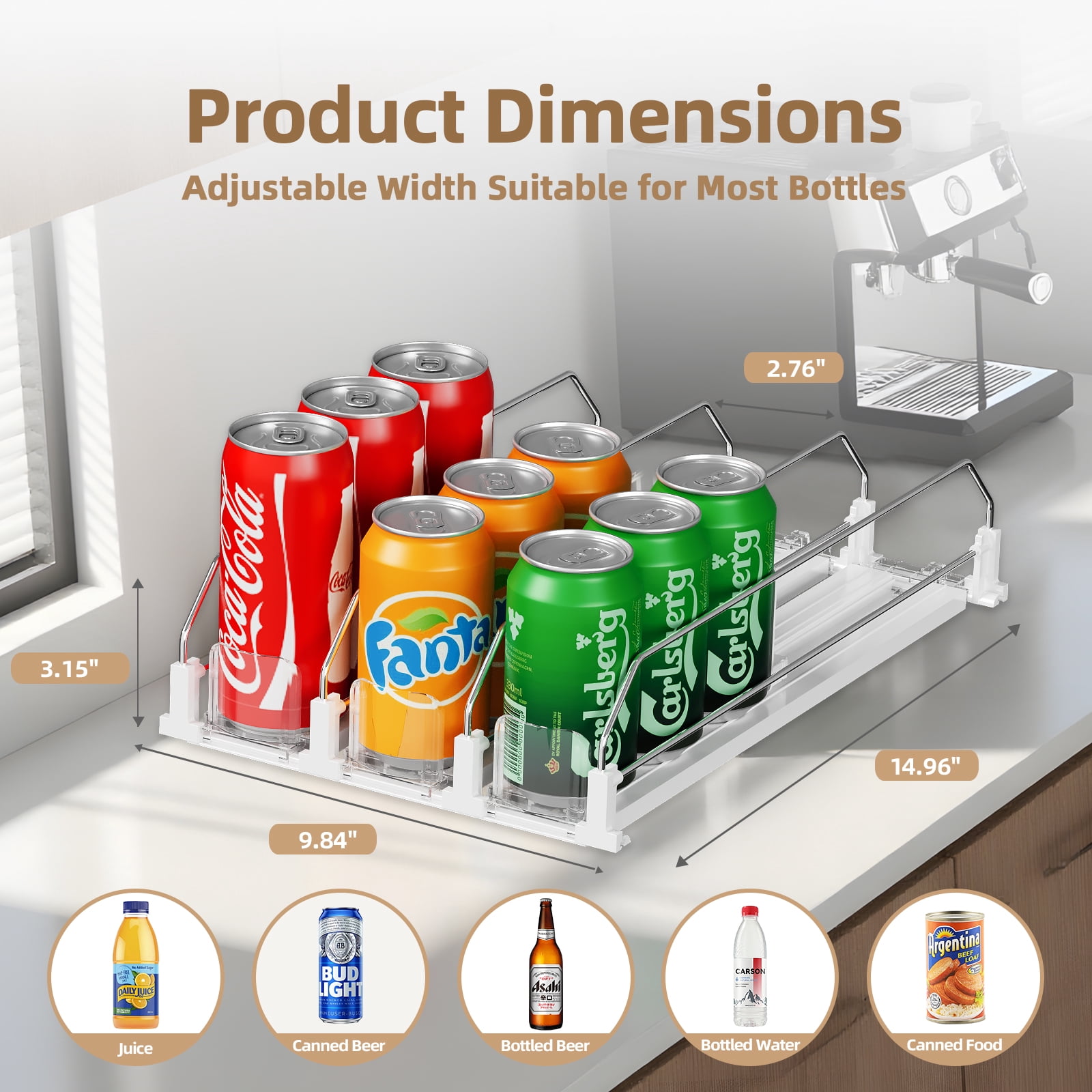 HIYOHIYO 3-Row White Refrigerator Drink Organizer
