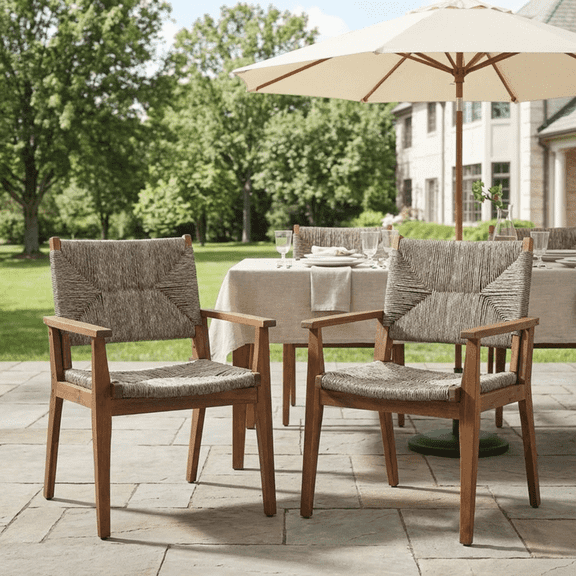 FFZ Outdoor Dining Chair Set of 2 with Acacia Wood Frame and Woven Wicker Seat, Brown