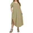 thumbnail image 4 of WTOBBY Women's Solid Color Slit Dress, Elegant Plus Size Short Sleeve V-Neck Casual Office Wear for Special Occasions Business Events and Cocktail Parties,Khaki 4XL, 4 of 5
