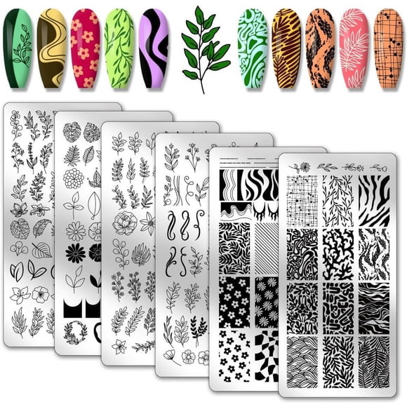 6pcs Leaf Nail Stamping Plates Flower Nail Art Templates Plants Nail Art Stencils Leaves Floral Nail Plates Boho Style Nail Image Plates for Women Nail Design Print Manicure Salon