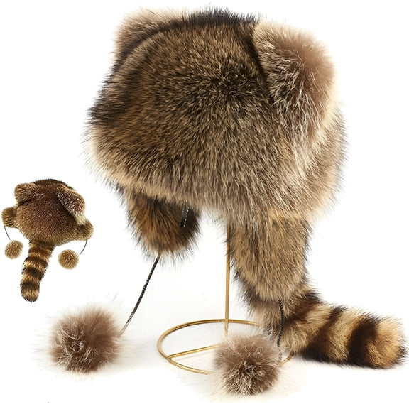 TELOLY Winter Cute Raccoon Plush Hats, Faux Fur Animal Ear Flap Hat with Tail, Adjustable Fit Warm Raccoon Hat for Adult Kid