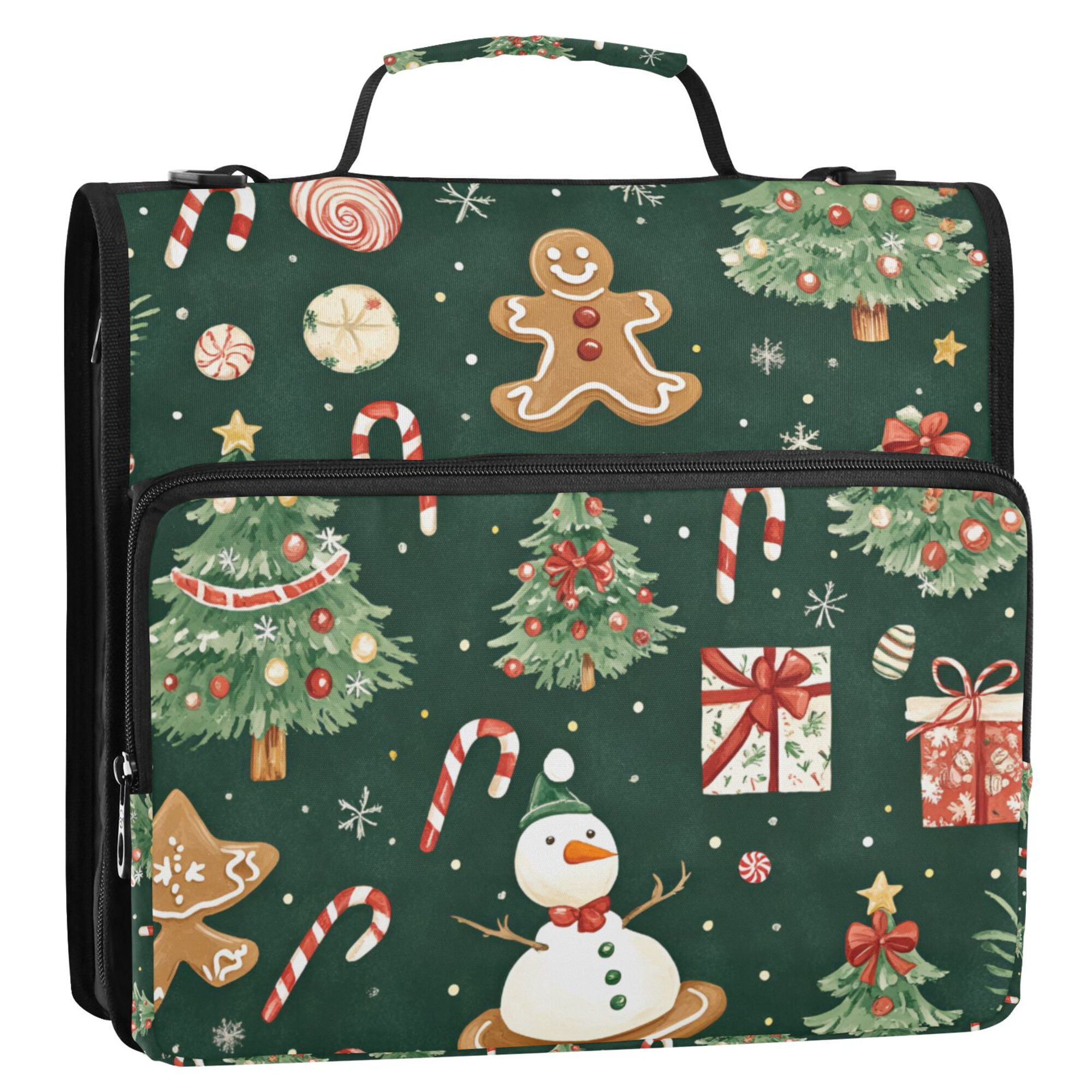 FORMRS Zipper Binder with Shoulder Strap 2-inch Ring 500 Sheet Capacity File Bag, Green Christmas Trees