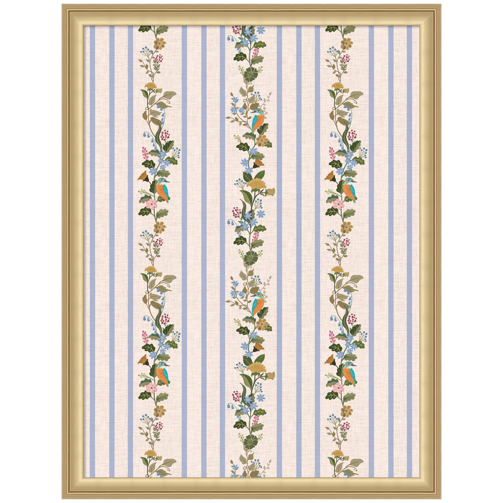 Kate and Laurel Framed Fabric Pinboard 20 x 26, MC Striped Botanical Birds Singing Printed Linen Casual Transitional Bulletin Board for Use as a Vision Board or Wall Organization, Florence Gold Frame