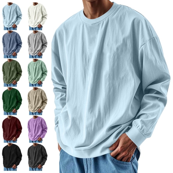 Men's Pullover Tops Solid Color Crew Neck Long Sleeve Oversized Drop Shoulder Athletic Casual Wear
