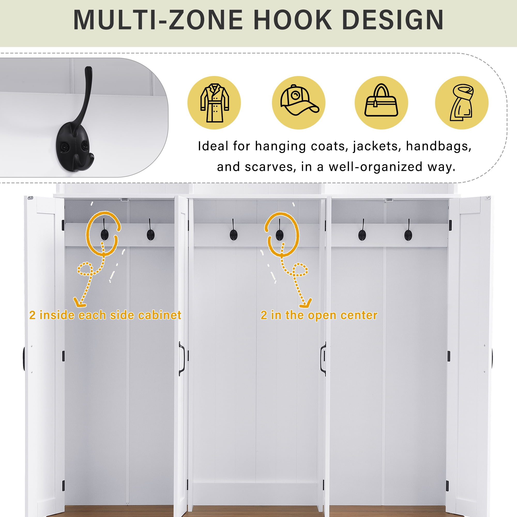 Mintazer 62.2"W Entryway Hall Tree with Coat Rack, Storage Bench & 3 Top Cubbies, Freestanding Shoe Cabinets for Hallway, Mudroom, Bedroom, White