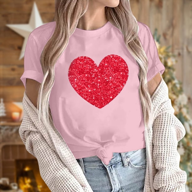 Dealovy Womens T-Shirts Short Sleeve Crew Neck Cute Heart Printed