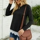 thumbnail image 3 of Mujeres de manga larga Pullover Top cuello redondo encaje dobladillo bolsillos laterales Casual mujeres con estilo sudadera negro L, 3 of 6