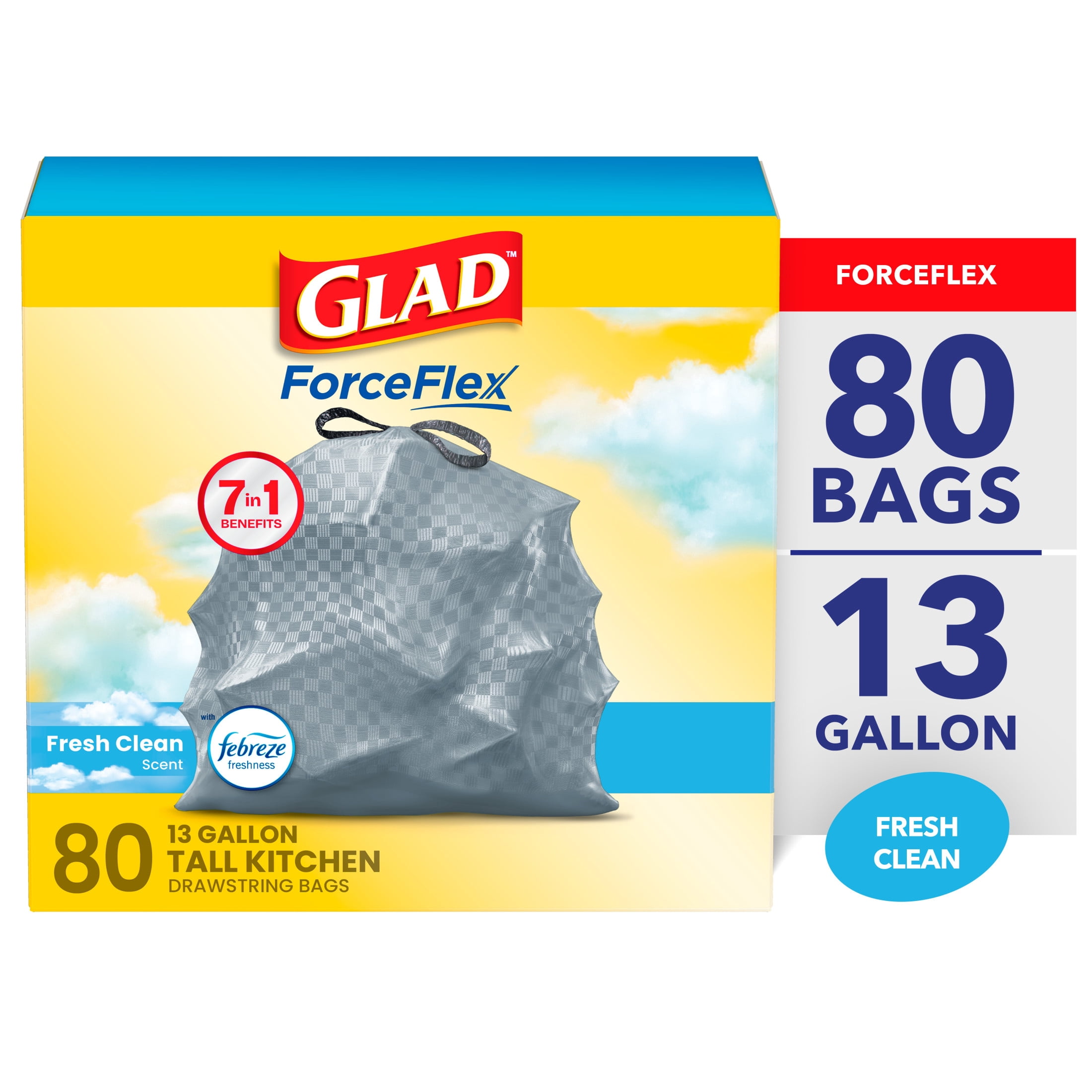 Glad ForceFlexPlus w/ Clorox: 13 Gal Tall Garbage Bags, Lemon