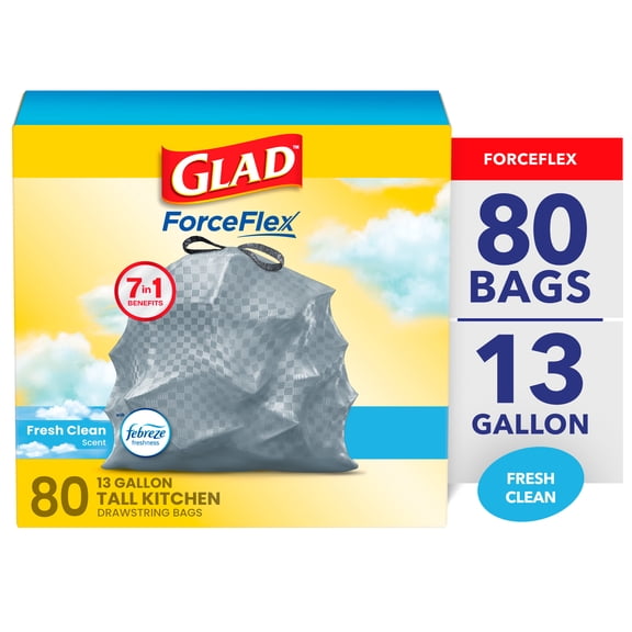 Glad ForceFlex 13-Gallon Drawstring Tall Kitchen Trash Bags, Febreze Fresh Clean Scent, 80 Bags