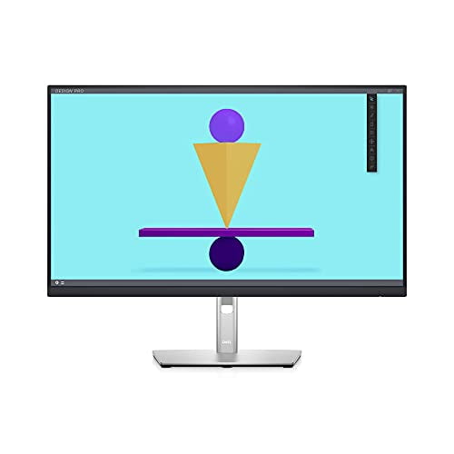 dell 27 usb-c hub monitor p272 dell dellp2722hedell Monitor Dell 27" USB-C con bisel delgado, vista frontal centrada, soporte y base en T plateada, marco negro; pantalla muestra formas geométricas sobre fondo turquesa, adecuado para estaciones de trabajo compactas.