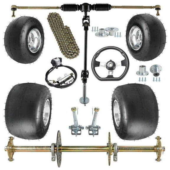 32" Racing Go Kart Rear Axle Complete Kit 5" Wheels Tires Front Steering Assembly Brake 420 Sprocket for ATV Quad Go Cart Drift Trike Karting