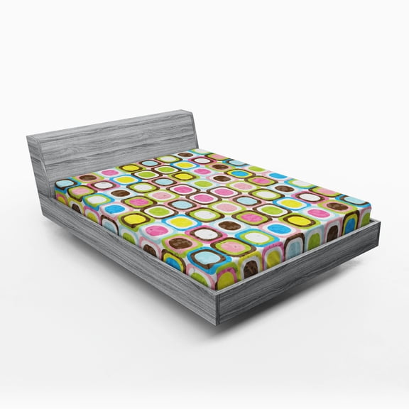 Retro Fitted Sheet, Abstract Grunge Background with Geometric Cubes Inner Circles Graphic Design, Soft Decorative Fabric Bedding, Queen Size, Multicolor, by Ambesonne