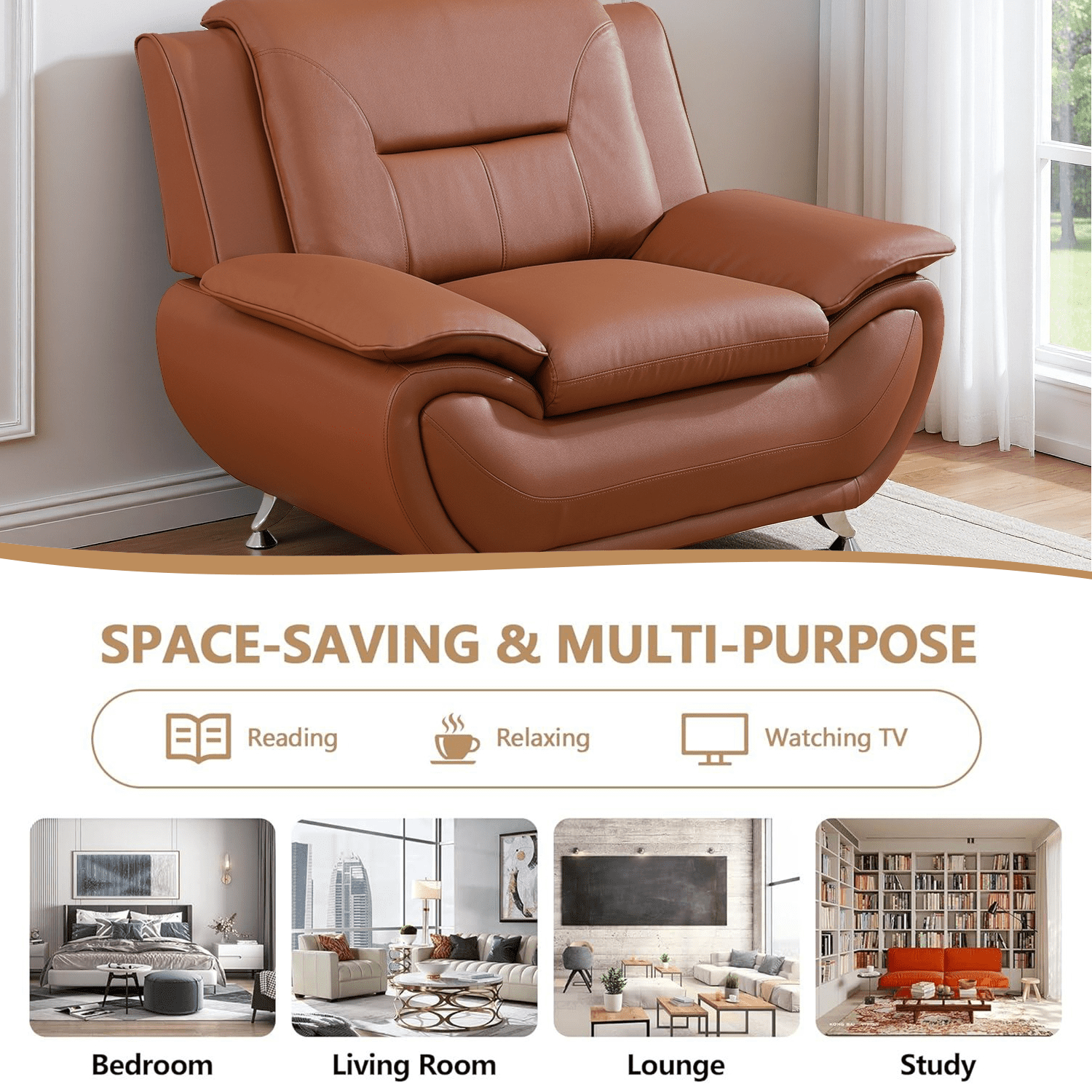 Caberryne Leather Couch Set,Modern Sofa for Living Room Furniture Sets,46" Modern Chair for Living Room/Office/Bedroom/Apartment(Khaki)