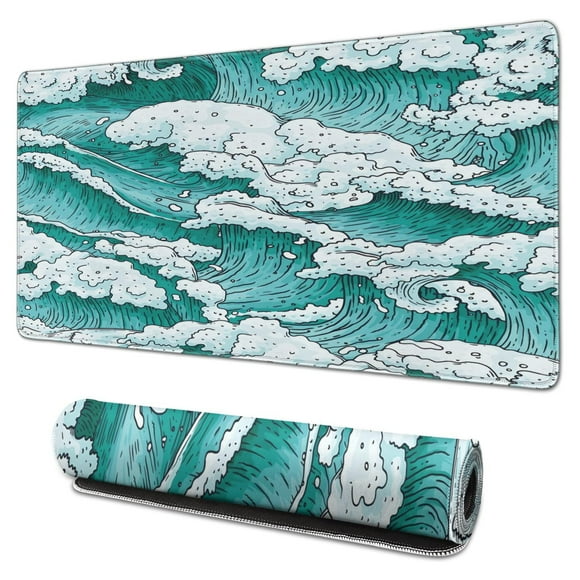 Green Waves mouse Padswaterproof,rubber+multispandexnon Slip Gaming Mouse PadDesk Pad for Office Home Game 31.5x15.7inches
