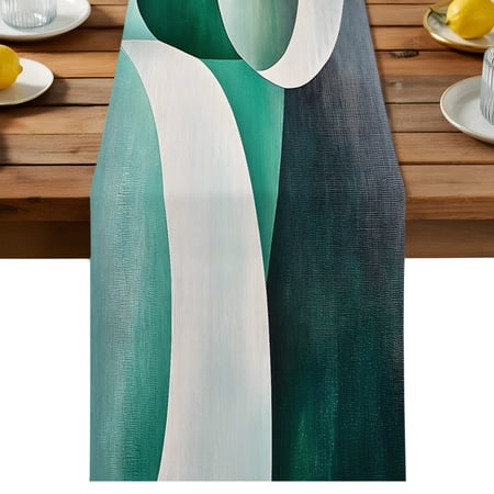 Abstract Stitching Table Runner Green White Curve Gradient Cotton Linen Table Cloth Tablerunner for Kitchen Dining Party Wedding Home Decor 13x48 Inch