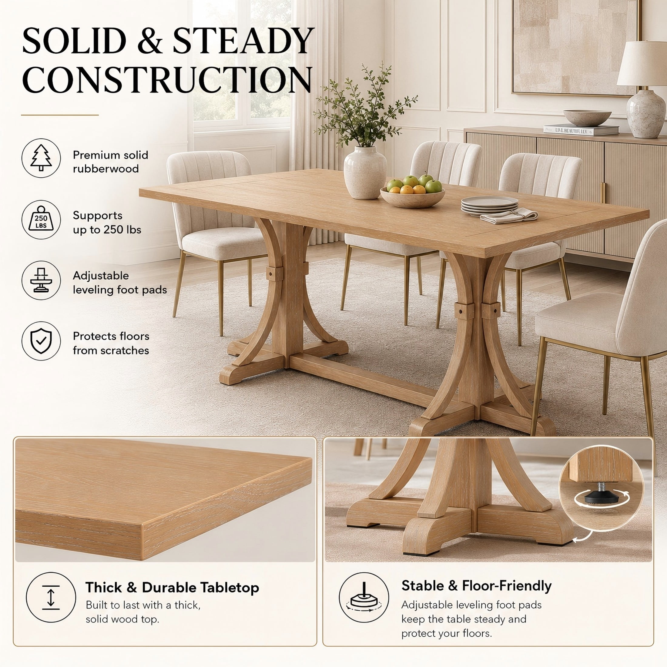 Aukfa 60" Solid Wood Farmhouse Dining Table for 6, Natural Oak Kitchen Table with Trestle Base, Natural