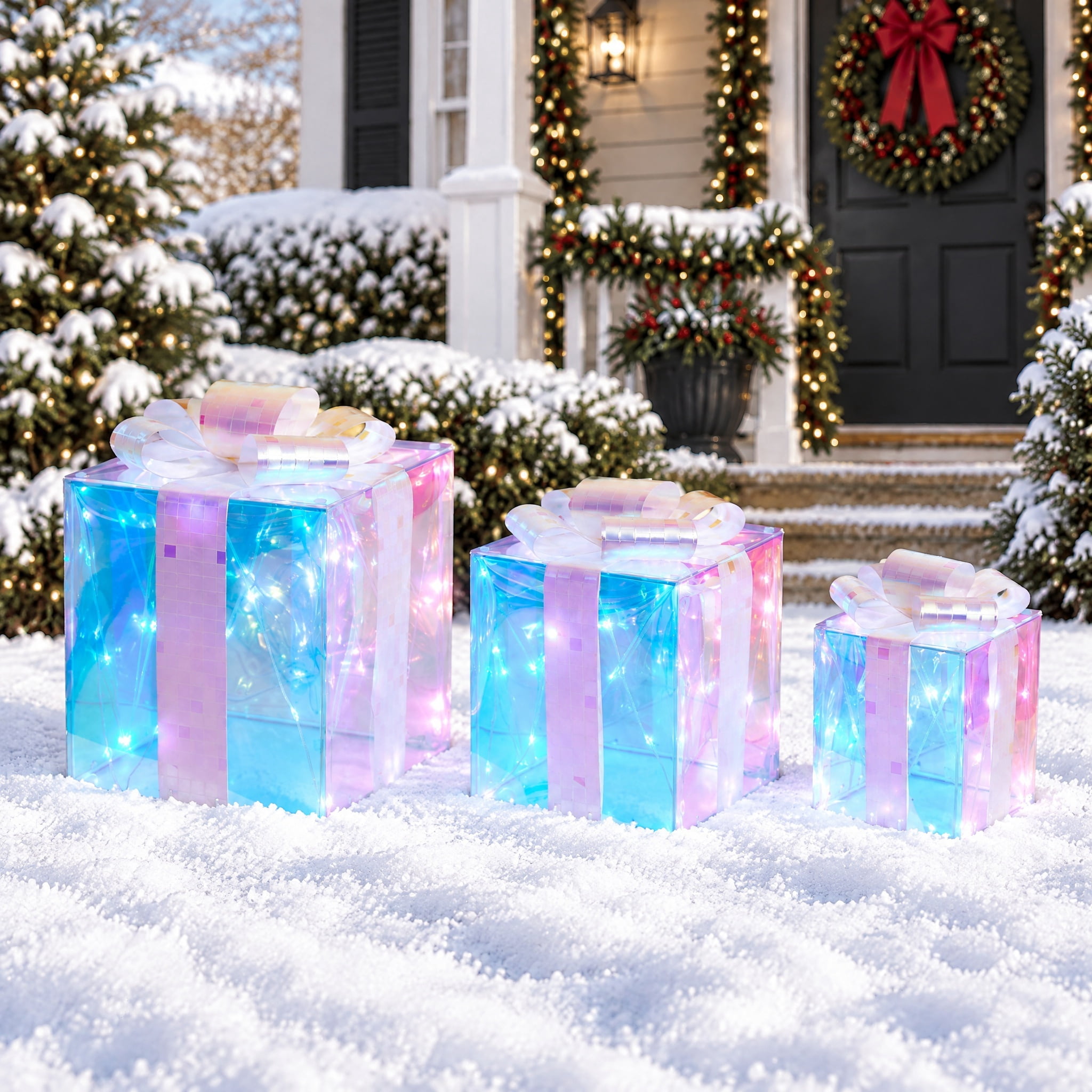 Indoor/Outdoor Light-Up Prismatic Gift Boxes Christmas Decorations with 80 LED Lights, Cool White, Set of 3, by Holiday Time