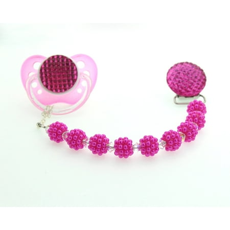 Hot Pink Crystal and Bumpy Pearl Pacifier Clip