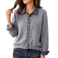 thumbnail image 3 of Fengqque Women’s Denim Collar Button Down Cardigan Sweaters Long Sleeve Cuffed Denim Trim Loose Fit Outerwear Tops Gray Free Size, 3 of 6
